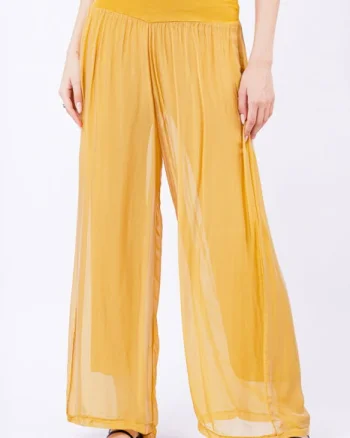 Pantaloni galbeni, drepti, cu dublura, din matase si vascoza