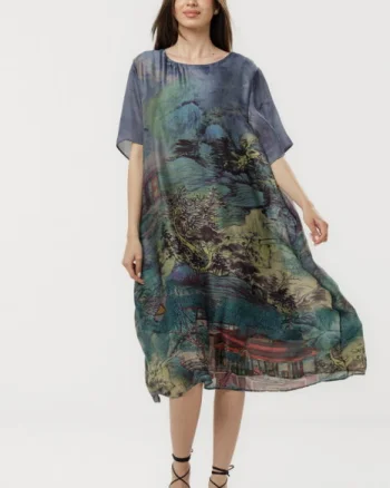 Rochie turcoaz eleganta satinata A-line cu croiala lejera si imprimeu pictural