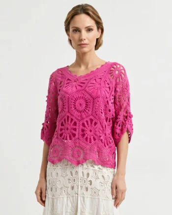 Bluza de vara cu broderie din bumbac, croi lejer, fucsia
