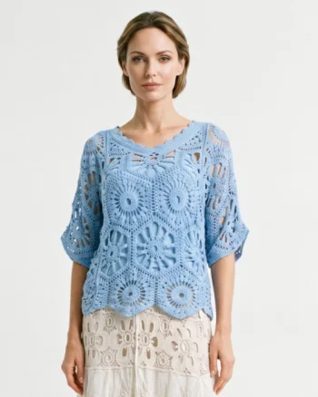 Bluza de vara cu broderie din bumbac, croi lejer, bleu