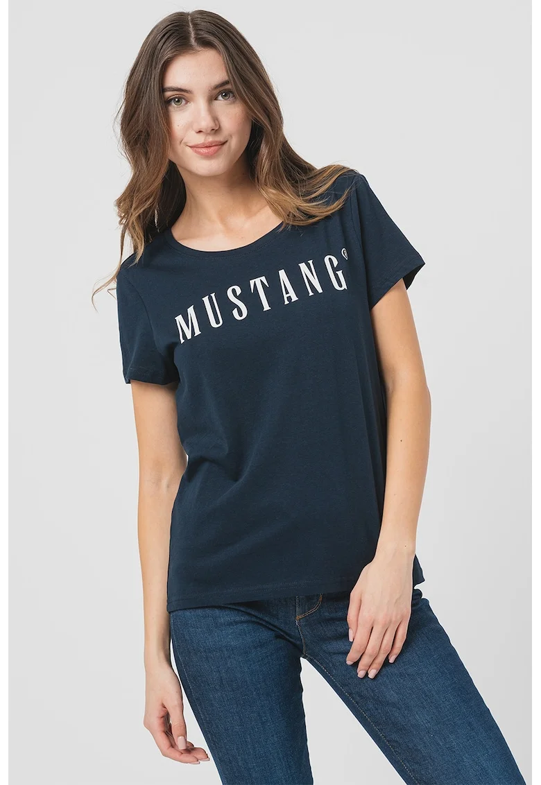 Tricou cu imprimeu logo si decolteu rotund, Bleumarin