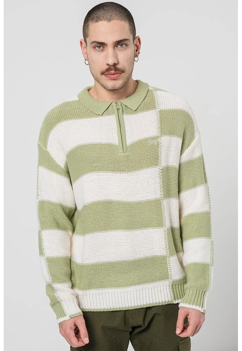 Pulover polo cu dungi, Alb/Verde fistic