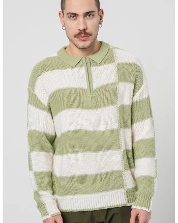 Pulover polo cu dungi, Alb/Verde fistic