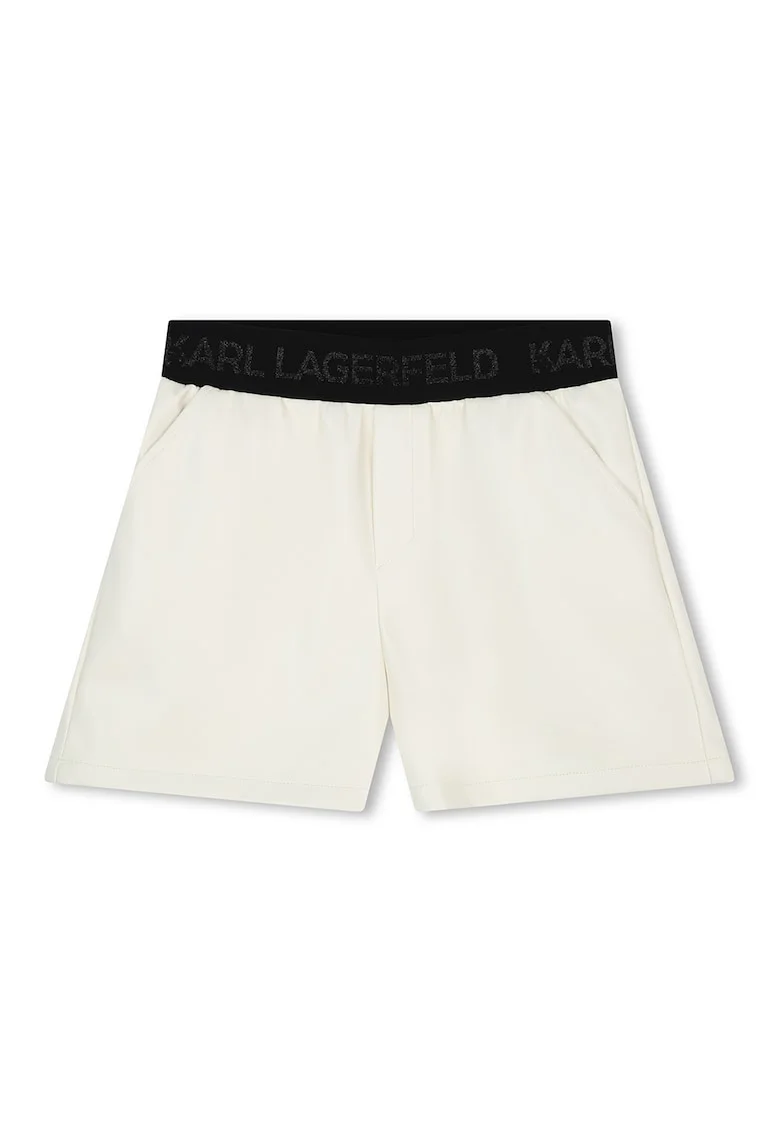 Pantaloni scurti de piele ecologica cu logo stralucitor, Alb murdar