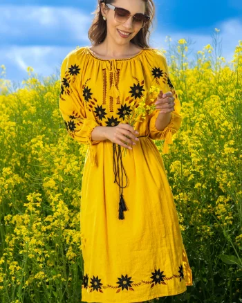 Rochie traditionala galbena Alessia din bumbac cu broderie florala