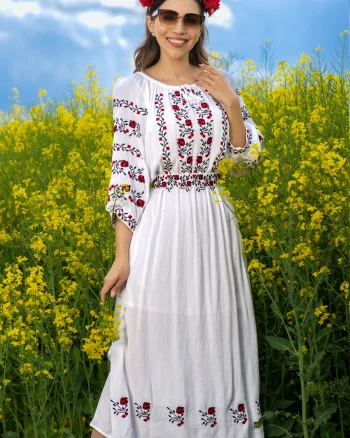 Rochie traditionala alba Rodica din vascoza cu broderie florala
