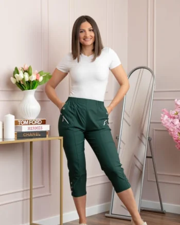 Pantaloni dama 3 4 Jenny verzi cu talie elastica si fermoare decorative