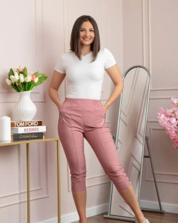 Pantaloni dama 3 4 Jenny roz pudrat cu talie elastica si fermoare decorative