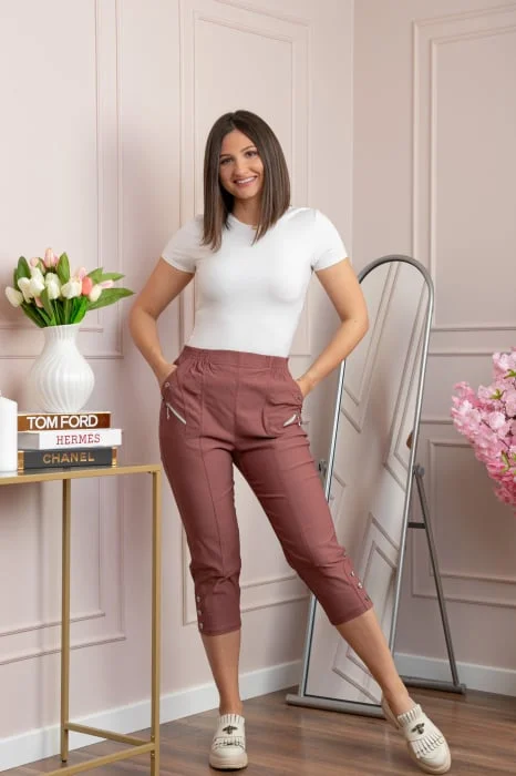Pantaloni dama 3 4 Jenny roz marsala cu talie elastica si fermoare decorative