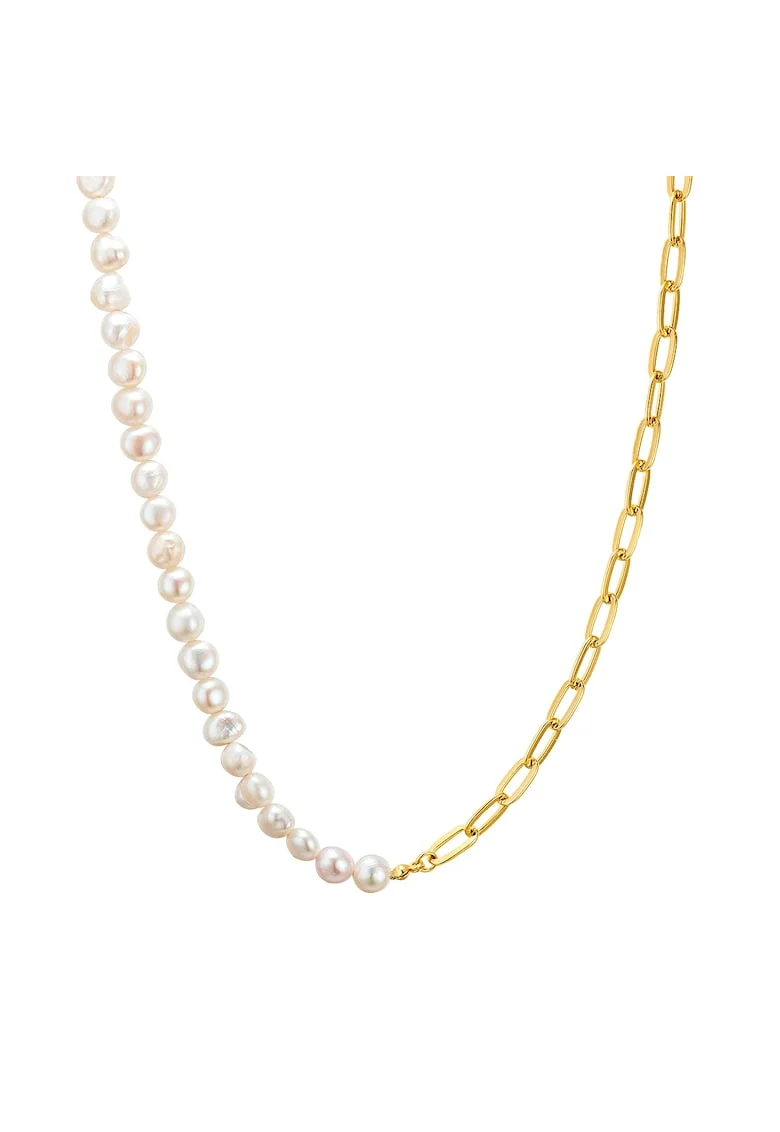 Colier de lant de aur de 14K filat cu perle de cultura, Auriu