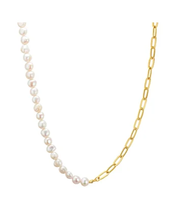Colier de lant de aur de 14K filat cu perle de cultura, Auriu