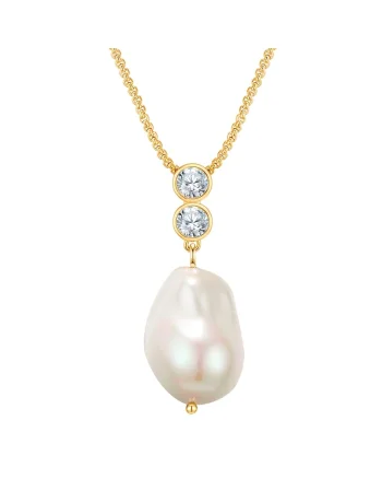 Colier de aur de 14K filat, cu zirconia si perle, Auriu