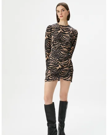 Rochie cu model petrecut si animal print, Negru/Maro nisip