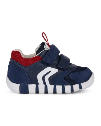 Pantofi sport cu velcro, model colorblock si garnituri din piele intoarsa, Rosu inchis/Bleumarin