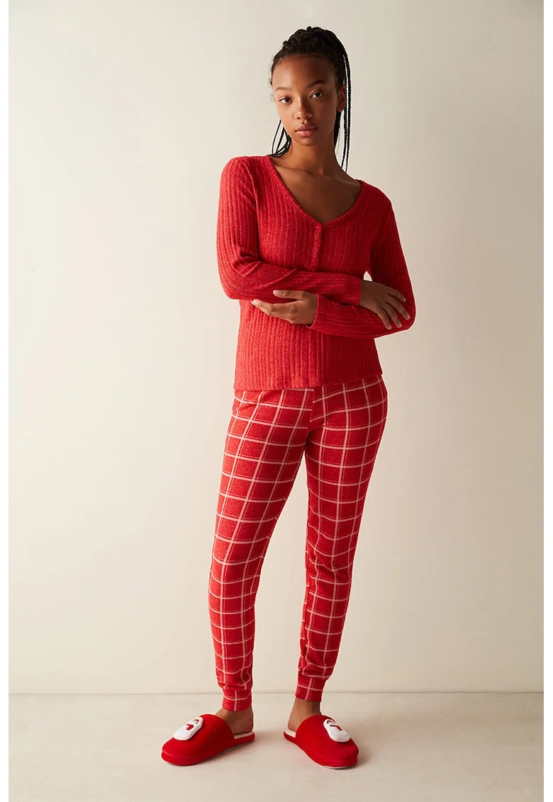 Bluza de pijama cu striatii si decolteu in V, Rosu/Alb