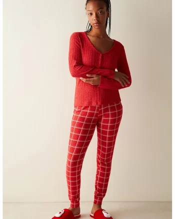 Bluza de pijama cu striatii si decolteu in V, Rosu/Alb