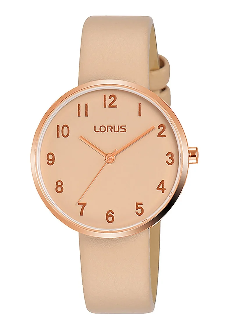 Ceas cu o curea de piele, Auriu rose/Bej inchis