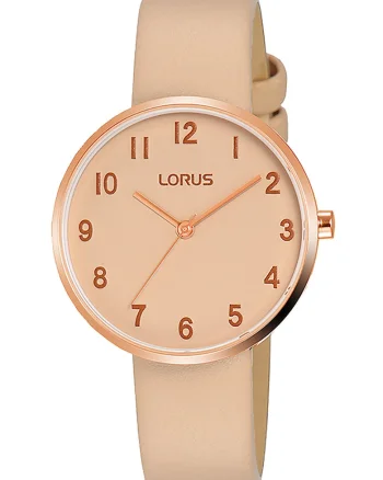 Ceas cu o curea de piele, Auriu rose/Bej inchis