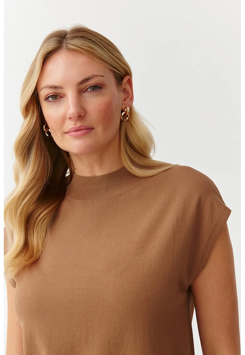 Pulover tricotat fin cu maneci scurte, Caramel