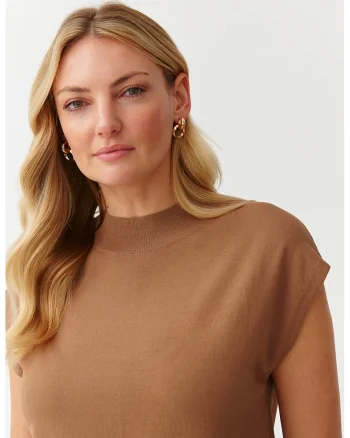 Pulover tricotat fin cu maneci scurte, Caramel