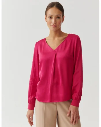 Bluza cu decolteu in V si aspect de satin Sandrika, Roz aprins