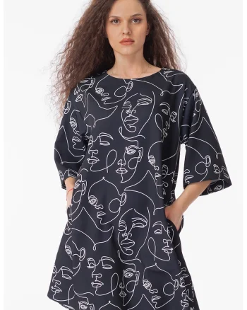 Rochie lejera cu maneci medii, Alb/Negru stins