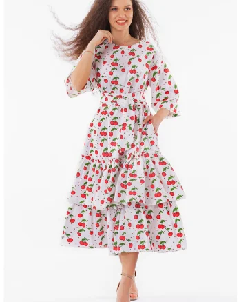 Rochie evazata cu imprimeu cu fructe, Rosu/Alb/Verde