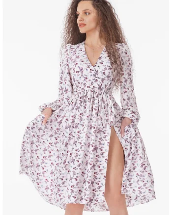 Rochie evazata cu slit lateral, Alb/Visiniu/Albastru