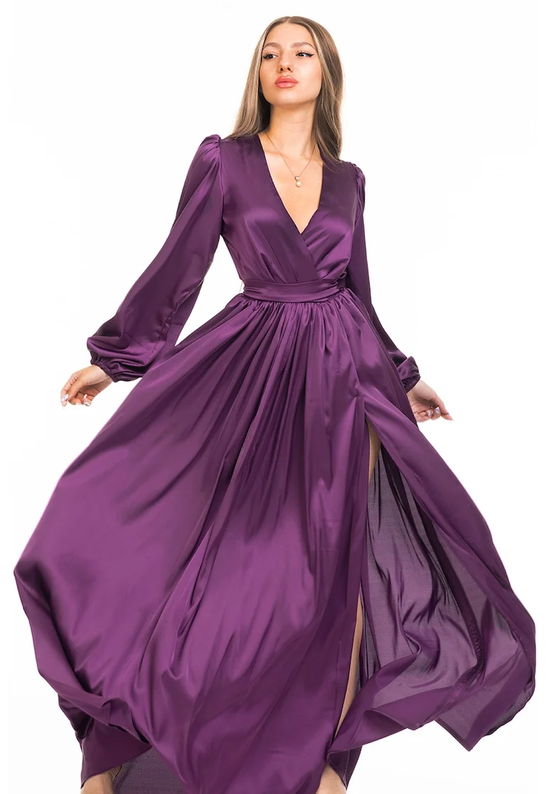 Rochie maxi evazata cu slit si model petrecut, Ametist