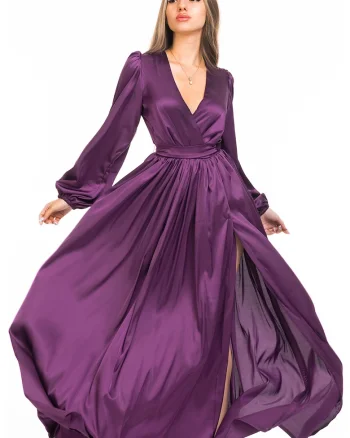 Rochie maxi evazata cu slit si model petrecut, Ametist