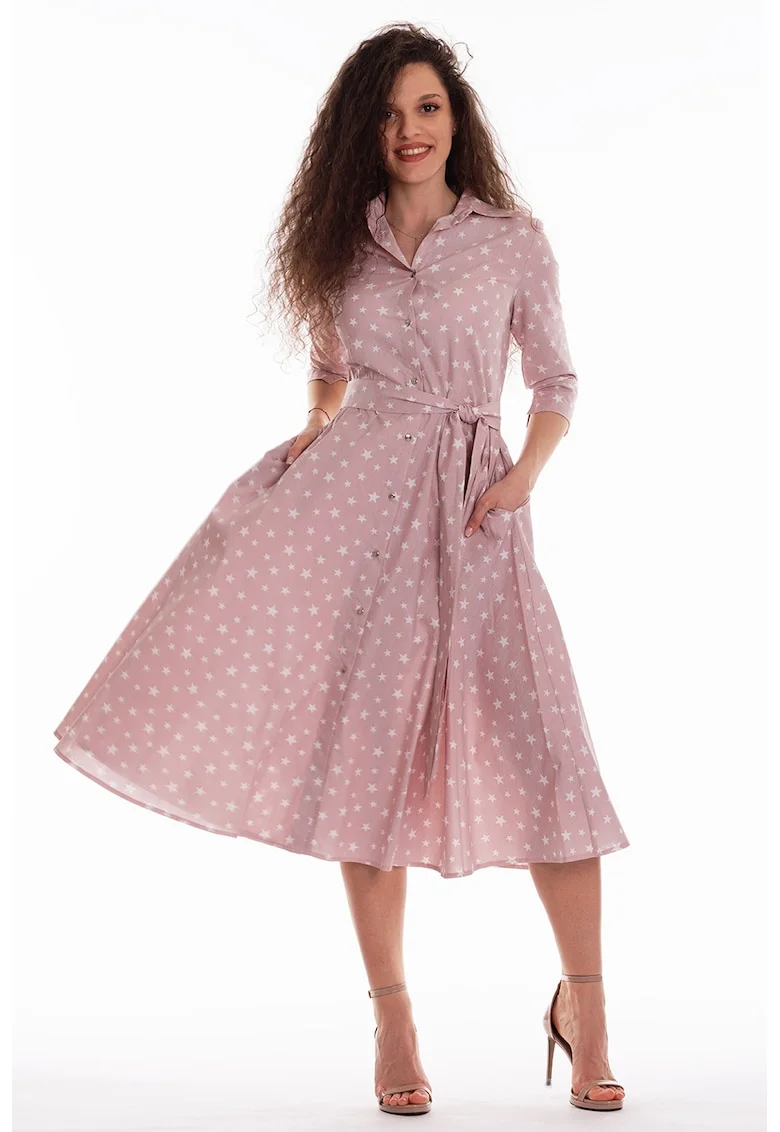 Rochie-camasa evazata cu cordon in talie, Alb/Roz prafuit
