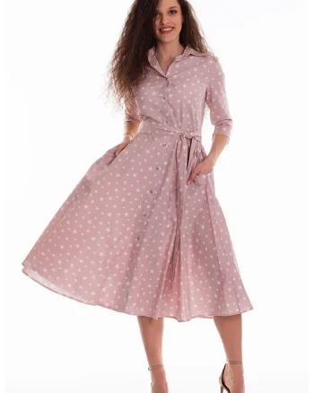Rochie-camasa evazata cu cordon in talie, Alb/Roz prafuit