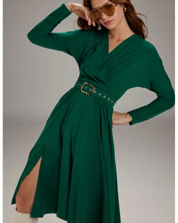 Rochie evazata cu o curea si decolteu in V, Verde englez