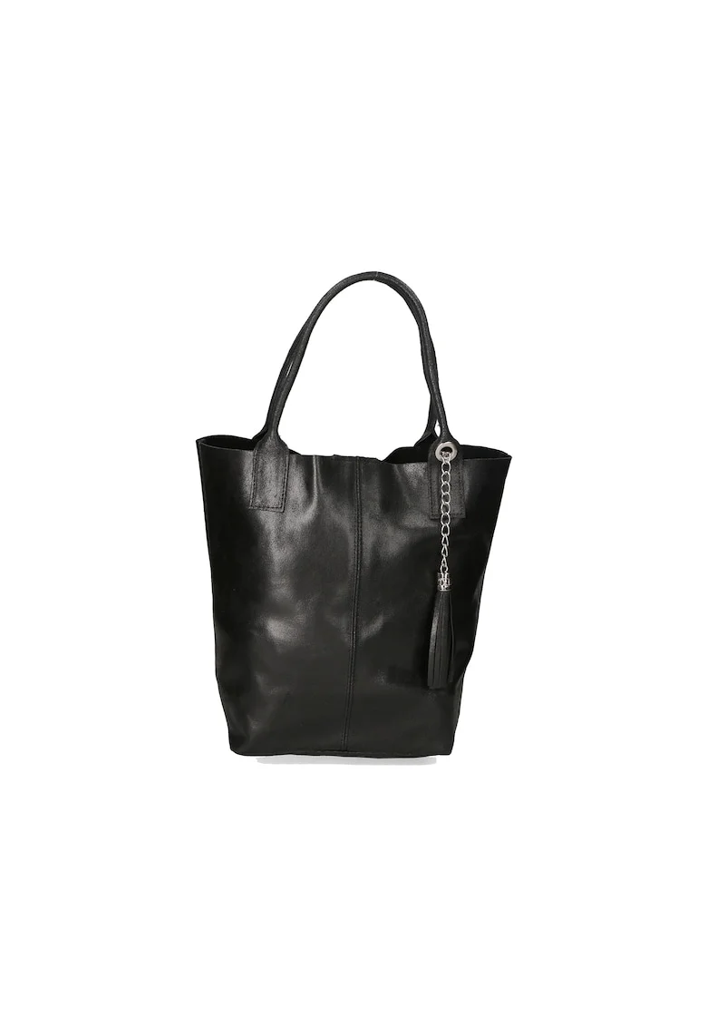 Geanta shopper din piele cu accesoriu cu franjuri, Negru