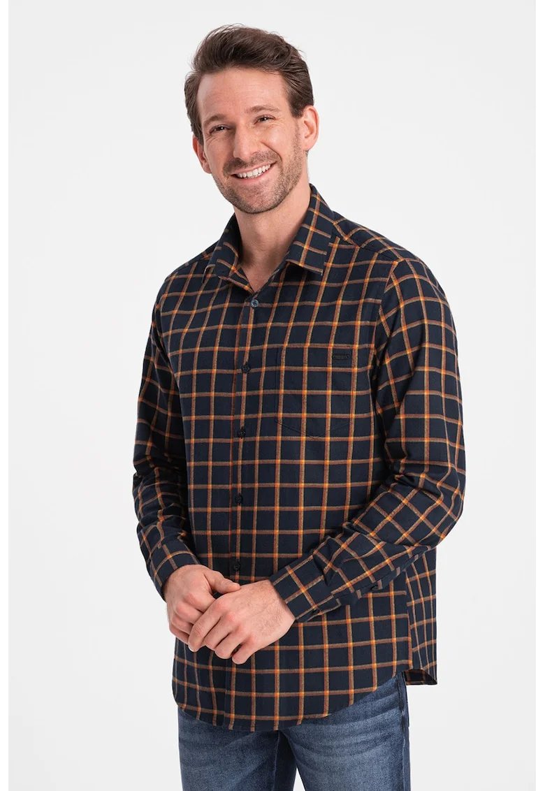 Camasa slim fit in carouri din flanel, Portocaliu/Bleumarin