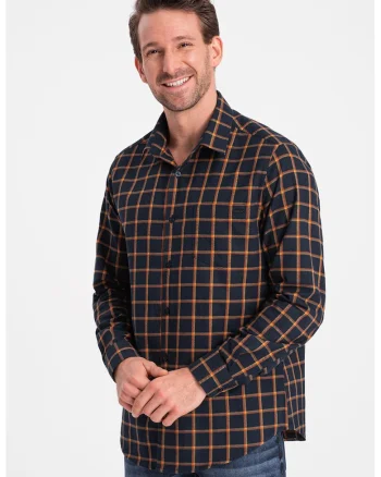 Camasa slim fit in carouri din flanel, Portocaliu/Bleumarin