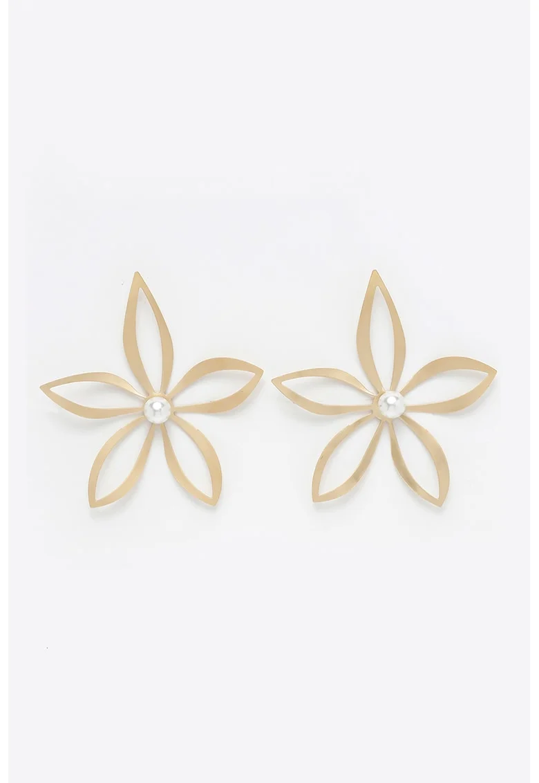Cercei supradimensionati cu design floral, Alb/Auriu