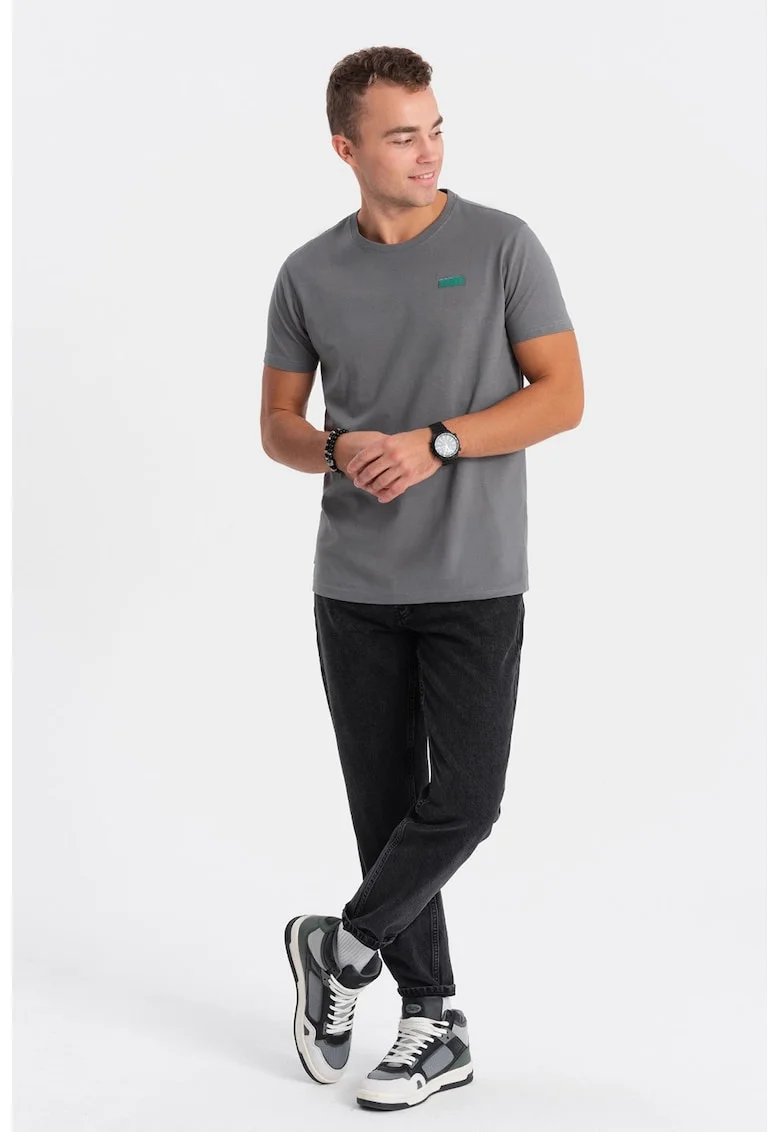 Tricou de bumbac cu decolteu la baza gatului, Gri inchis