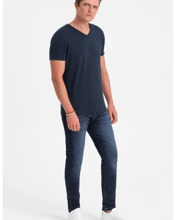Tricou din amestec de bumbac cu decolteu in V, Bleumarin