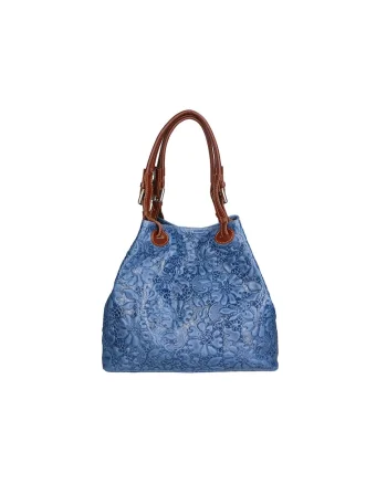 Geanta hobo cu model floral in relief, Albastru