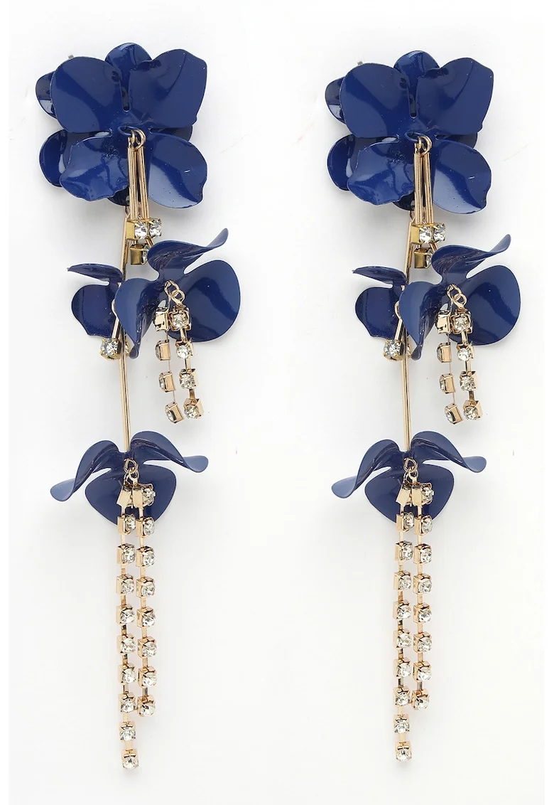 Cercei drop cu design floral si cristale, Auriu/Albastru