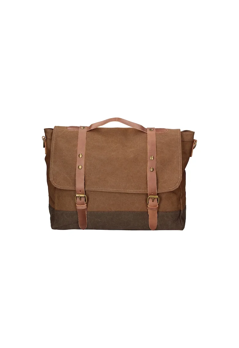 Geanta messenger unisex cu garnituri de piele, Maro taupe