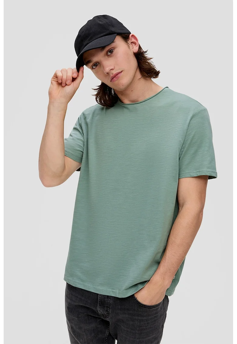 Tricou regular fit cu decolteu la baza gatului si terminatie plisata, Kaki