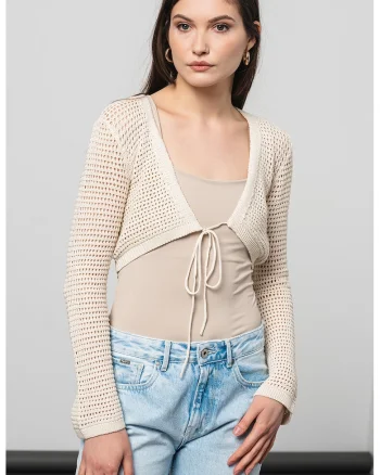 Cardigan crop cu decolteu in V Madera, Alb murdar