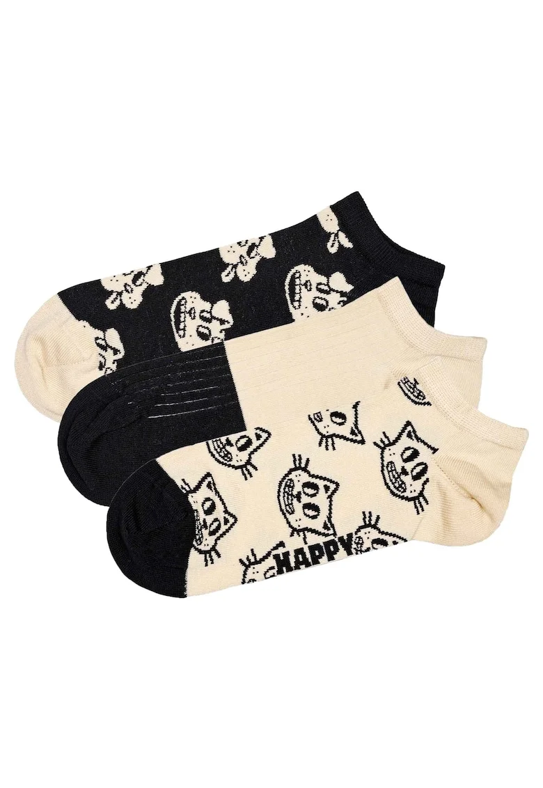 Set de sosete pana la glezna unisex cu imprimeu grafic - 3 perechi, Negru/Alb murdar