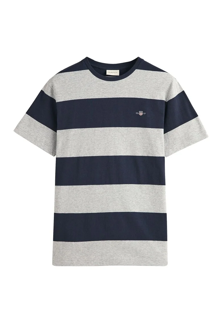 Tricou cu decolteu la baza gatului si model in dungi, Gri deschis/Bleumarin