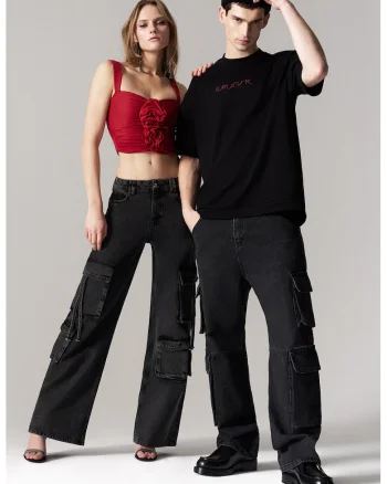 Blugi cargo cu talie inalta, Negru stins