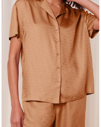 Bluza de pijama din lyocell cu revere decupate, Maro nisip