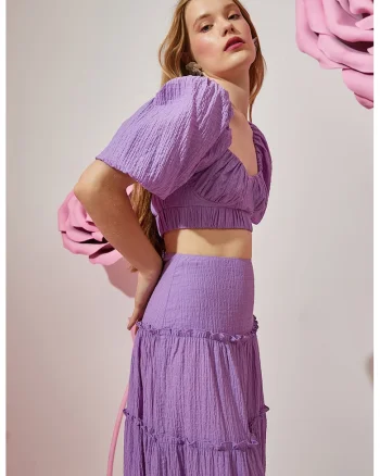 Bluza crop cu maneci bufante, Lila