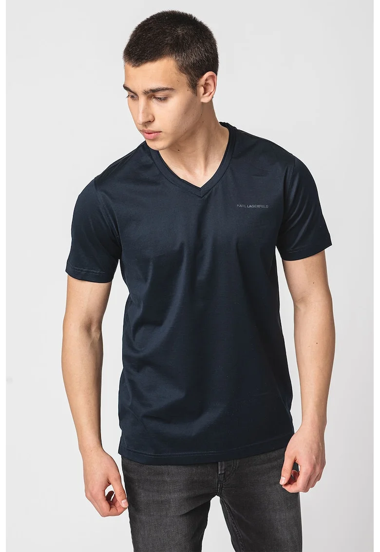 Tricou din bumbac cu decolteu in V, Albastru ultramarin